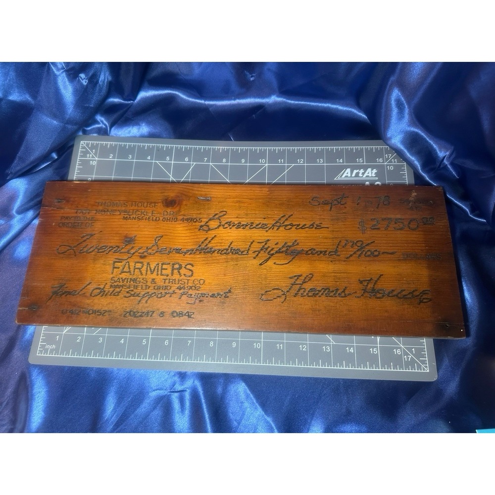 Vintage 1978 Wooden Check Final Child Support Payment $2,750 Folk Art